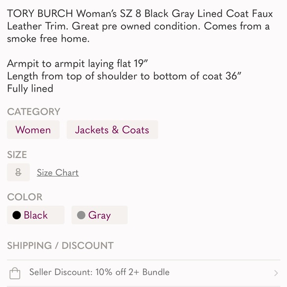 Tory Burch Black Gray Tweed Coat Faux Leather Trim, 8 - Picture 9 of 9